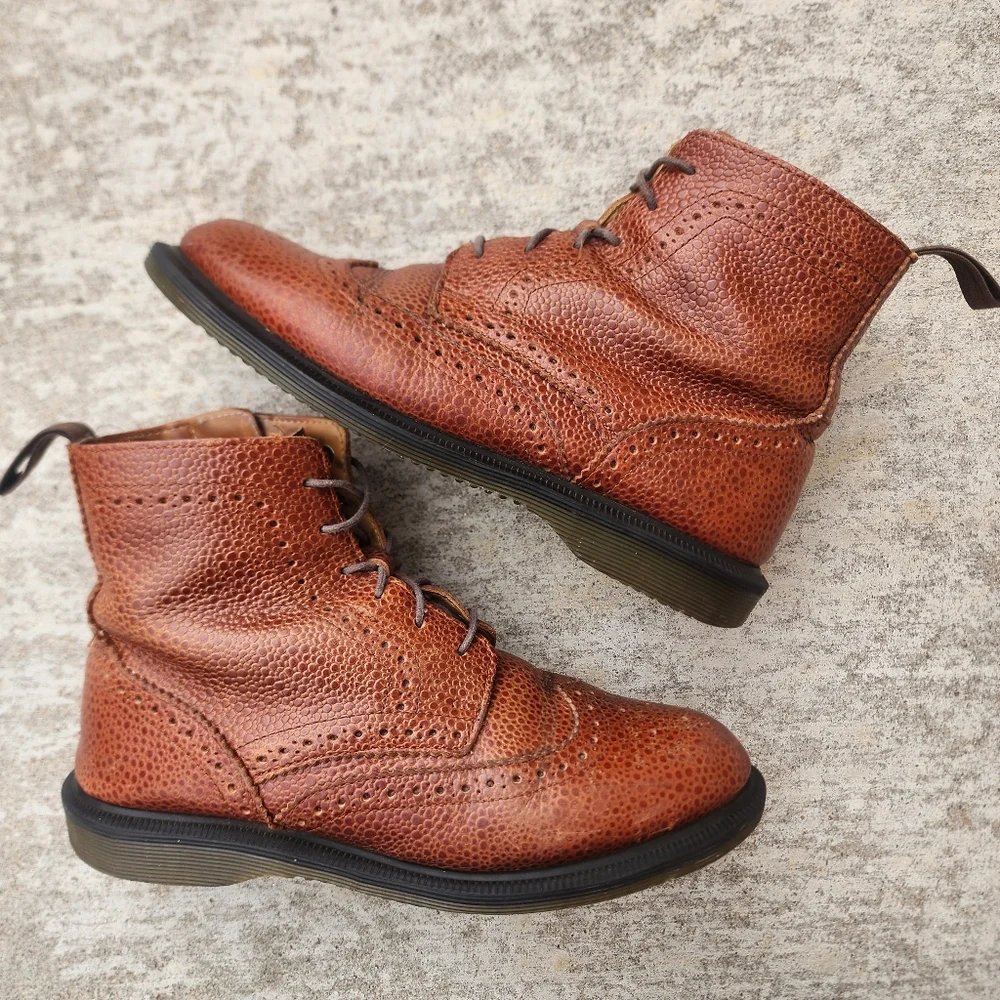 DR. MARTENS Delphine Brown Pebbled Leather Wingtip Oxford Lace Up Zip Up Boot, 8 - Picture 2 of 10